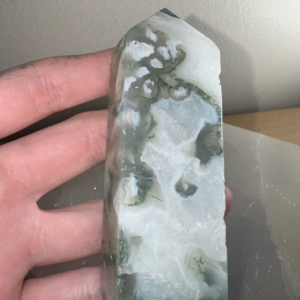 Moss Agate Tower - White and Green Polished Point